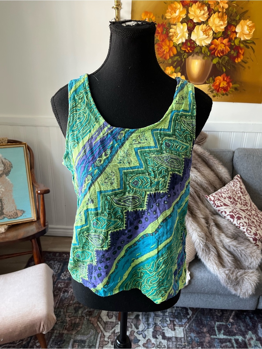 Women’s Y2K Vintage Green & Blue Patterned Sleeveless Tank Top Size M fit